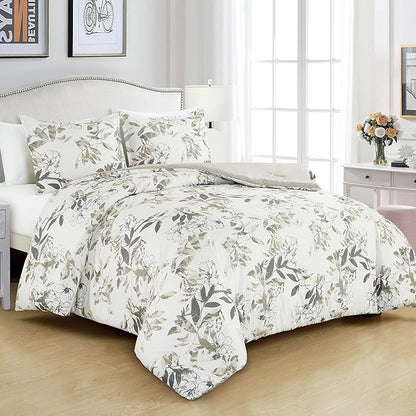 Chezmoi Collection Julia 3-Piece Floral Comforter Set, Full - Multicolor Taupe-Green Gray White Floral Leaves Printed Microfiber Lightweight Bedding Set for All Season