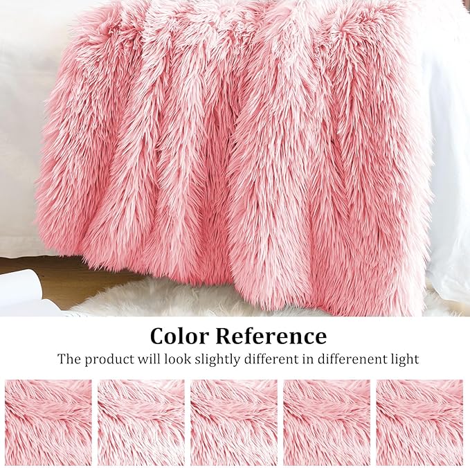 JONIYEAR Extra Large Decorative Fluffy Faux Fur Blanket Full Size 71" x 80", Soft Luxury Lightweight Furry Blankets, Accent Cozy Shaggy Plush Fuzzy Blankets for Bed, Thick Warm Winter Blanket, Pink