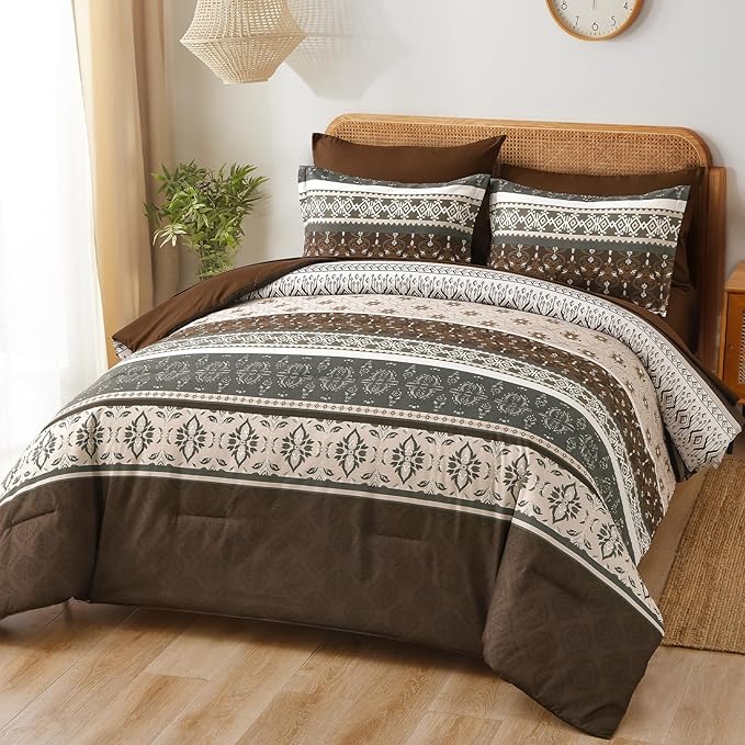 WONGS BEDDING Boho Comforter Set King, 7 Pieces Brown Comforter and Sheet Set,Bohemian Striped Floral Pattern Comforter Bedding Set,Soft Microfiber Bed in a Bag for All Season