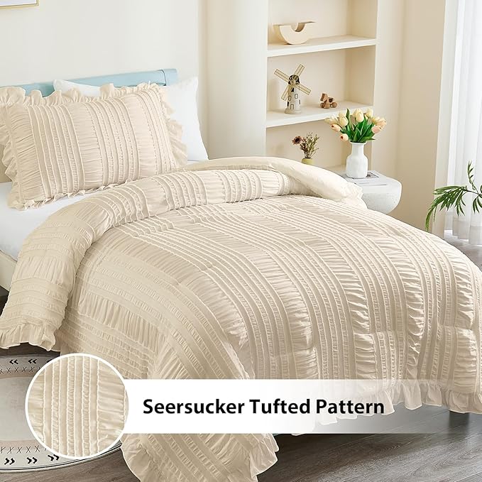 WONGS BEDDING Comforter Set Twin, 3 Pieces Ruffle for Dorm Room Essentials Comforter for Twin Bed, Beige Textured Bedding Set with 1 Ruffle Comforter, 2 Tufted Pillowcases 86"×68"