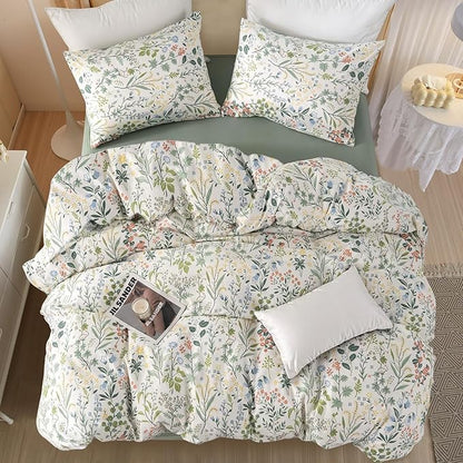 mixinni Fresh Botanical Green Floral Comforter Set Twin XL Size, Boho Cottagecore Wildflowers Leaves Bedding Set, 1 Twin XL Comforter with Pillowcases for All Seasons, Aesthetic Coquette Bed Set