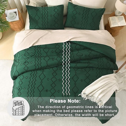 Andency Comforter Full Size Emerald Green, 3 Pieces Dark Green Boho Tufted Geometric Shabby Chic Bedding, Soft Fluffy Farmhouse Bed Set, Jacquard Textured Comforter for All Season(79x90 Inch)