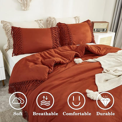 Andency Comforter Full Size Set Burnt Orange, Boho Terracotta Lightweight Vintage Soft Bedding Comforter Sets, 3 Pieces Rust Bed Set (79x90In Comforter & 2 Pillowcases)