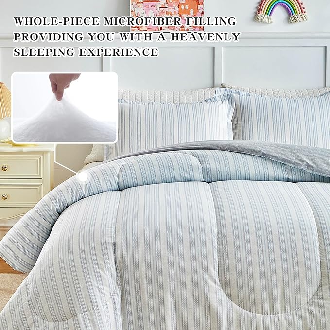 Joyreap 3pcs Cotton Comforter Set Queen, Light Blue Stripes Stylish Design, Soft Cozy Lightweight Bedding Comforter Set for All Seasons- 88x88 inches