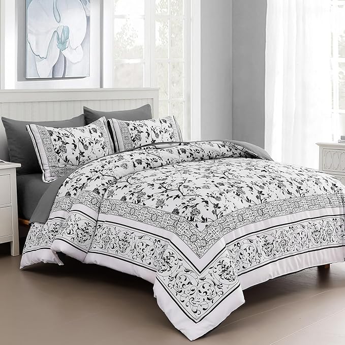 Dobuyly Floral Queen Comforter Set, 7 Piece Bed in a Bag Queen Size Grey Flowers on White Botanical Bedding Set, Soft Microfiber Bedding Comforter Sets with Sheets for All Season