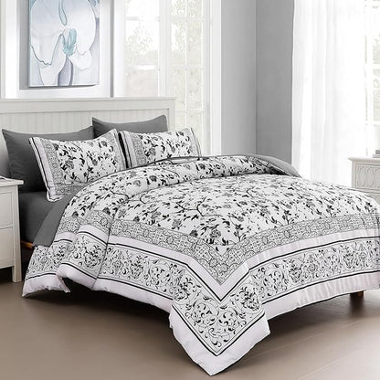 Dobuyly Floral King Size Comforter Set, Grey Flowers on White Botanical Bedding Set 7 Piece Bed in a Bag King, Soft Microfiber Bedding Comforter Sets with Sheets for All Season