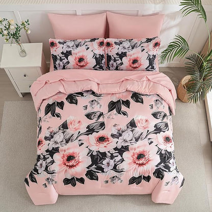 Yogeneg Queen Comforter Set 7 Piece Bed in a Bag,Pink Black Floral Botanical Pattern Blush Bedding Set,Soft Microfiber Comforter with Sheet Set,All Season Bed Set(Pink Black,Queen)