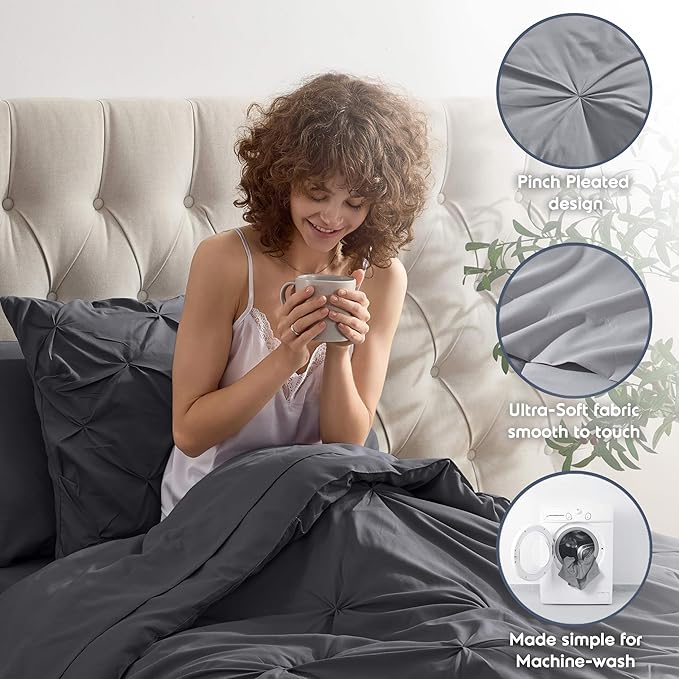 Nestl Twin Comforter Set 5 Piece - Pintuck Twin Bedding Set Dark Grey, College Dorm Room Essentials for Girls and Boys Bed in a Bag Twin All Season, Twin Comforter Set with Sheets, Pillowcase and Sham