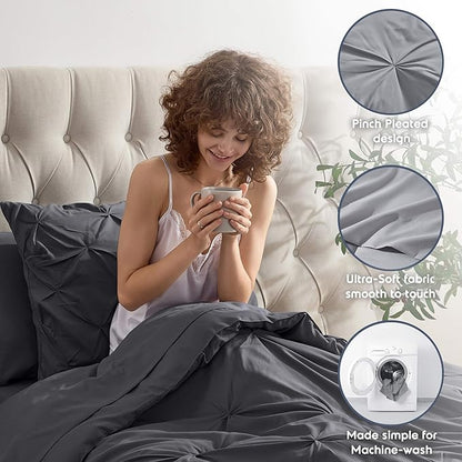 Nestl Twin Comforter Set 5 Piece - Pintuck Twin Bedding Set Dark Grey, College Dorm Room Essentials for Girls and Boys Bed in a Bag Twin All Season, Twin Comforter Set with Sheets, Pillowcase and Sham
