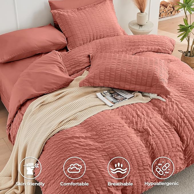 HYMOKEGE Coral Full Size Comforter Sets Seersucker 7 Pieces, All Season Luxury Bed in a Bag for Bedroom, Bedding Set with Comforter, Sheets, Pillowcases & Shams