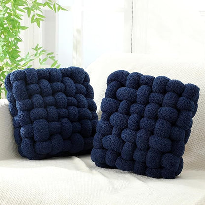 Wenqik 2 Pcs Knot Pillows Square Knotted Plush Throws Soft Accent Pillows Decoration Cushion for Couch Home Office Living Room Bedroom Bed Sofa Decor, 12'' x 13''(Navy Blue,Lambswool)
