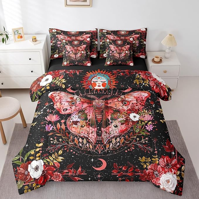 Feelyou Red Death Moth Bedding Set with Comforter, Boho Moth Comforter Twin Size 7Pcs Sun Moon Butterfly Bed in a Bag with Comforter, Boho Floral Flat Sheet, Fitted Sheet, Pillowcases Room Decor