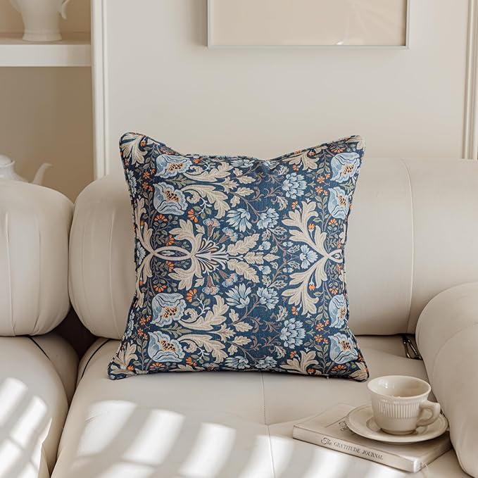 Throw Pillow Covers with Insert Included, with Embroidered Detail, 18 x 18 inches, Decorative Throw Pillow for Sofa Couch Bed (Navy Blue Floral, 18" L x 18" W)