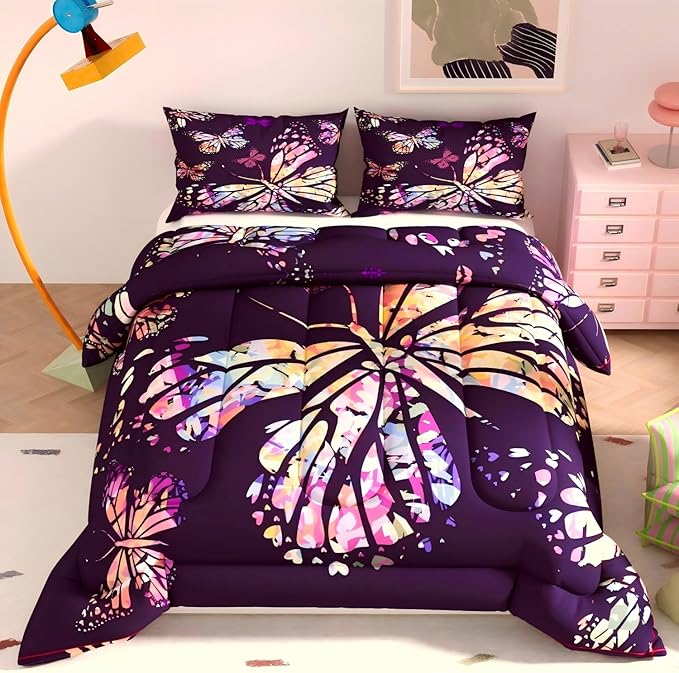 Purple Butterfly Comforter Set, 3D Pattern for Kids Teens Adults,Decorative Bedding Comforter Sets with 2 Pillow Shams, Queen Size