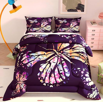 Purple Butterfly Comforter Set, 3D Pattern for Kids Teens Adults,Decorative Bedding Comforter Sets with 2 Pillow Shams, Queen Size