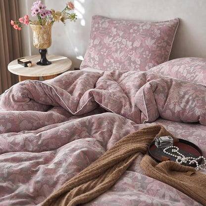 MKXI Double Layer Muslin Cotton Comforter Set Farmhouse Old Pink Floral Comforter Twin XL Shabby Chic Bedding Comforter Set Soft Breathable French Country Bed Comforter for All Season