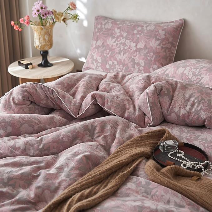 MKXI Double Layer Muslin Cotton Comforter Set Farmhouse Old Pink Floral Comforter Queen Size Shabby Chic Bedding Comforter Set Soft Breathable French Country Bed Comforter for All Season