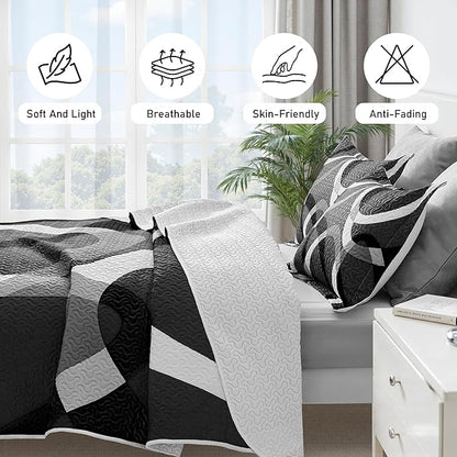 weesire Black and White Bedding Quilt King Size with 2 Shams, Modern Stripe Comforter Sets Classic Line Pattern Bedspreads Grey and White Coverlet, 96''x106''