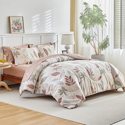AIKASY 6-Piece Comforter Set Bed in a Bag, Beige Leaf Pattern Bedding Set with Comforter, Soft and Cozy All-Season Bedroom Decor (Twin, Beige)