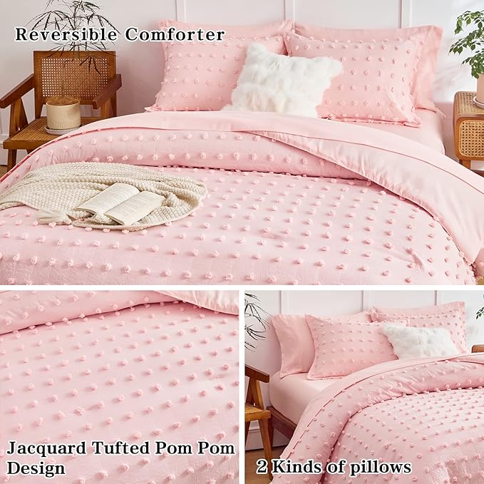 7 Pieces Tufted Dots Bed in a Bag Queen Comforter Set Girls Pink , Soft and Embroidery Shabby Chic Boho Comforters, Luxury Solid Color with Pom Pom Design, Jacquard Tufts Bedding Set for All Season