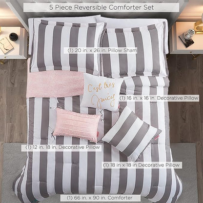 Juicy Couture – Comforter Set, Cabana Stripe Design, Twin Bedding, 5 Piece Set Includes 1 Comforter, 1 Sham and 3 Decorative Pillows, 100% Microfiber Polyester, Wrinkle Resistant