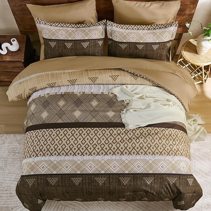 Xruibed Brown King Comforter Set 7 Pieces, Boho Striped Bed in a Bag King Size Soft Microfiber All Season Bedding Set with Comforter, Sheets, Pillowcases & Shams(104"×90")