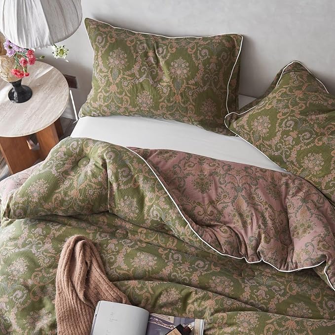 MKXI Floral Linen Comforter Set Queen Army Green Vintage Paisley Comforter Bedding for Neutral Bedroom Rich Rust Jacquard Floral Bed Comforters for Men Women Cotton Yarn-Dyed Textured Soft Lightweight