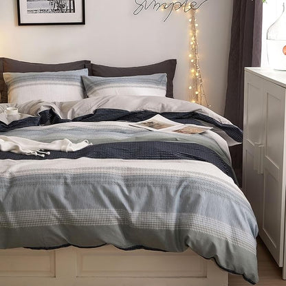 VM VOUGEMARKET Modern Comforter Set Twin Gray Blue Stripes Bedding Comforter with 2 Pillowcases Modern Style Lightweight Soft Twin Comforter Set for Boys