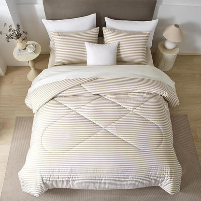 mixinni Tan Striped Comforter Set Twin XL Size - Beige Stripes Pattern Bed Set for All Season, 3 Pieces Lightweight Bedding Comforter Sets for All Seasons (1 Soft Fluffy Comforter + 2 Pillowcases)