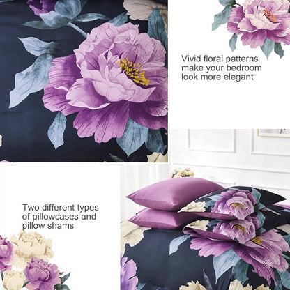 Dobuyly Dark Purple Comforter Set Queen 7 Piece Bed in a Bag, Elegant Floral Comforter Set with Sheets, Soft Microfiber Botanical Flower Bedding Set for All Season