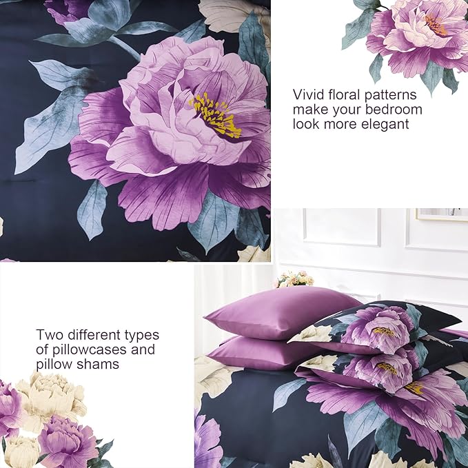 Dobuyly King Size Comforter Set Dark Purple 7 Piece Bed in a Bag, Elegant Floral Comforter Set with Sheets, Soft Microfiber Botanical Flower Bedding Set for All Season