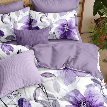 Nayoroom Purple Floral Comforter Set Full Size Lavender Blooming Flower Leaf Printed Spring Comforter 3 Pcs Soft Lightweight Cottagecore Bedding Set for All Seasons (1 Comforter, 2 Pillowcases)