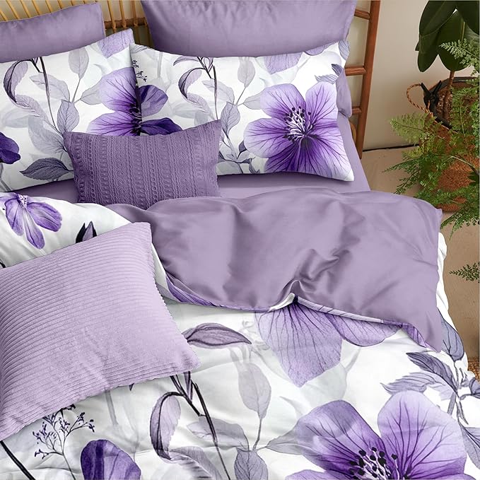 Nayoroom Purple Floral Comforter Set Twin Size Lavender Blooming Flower Leaf Printed Spring Comforter 2 Pcs Soft Lightweight Cottagecore Bedding Set for All Seasons (1 Comforter, 1 Pillowcase)