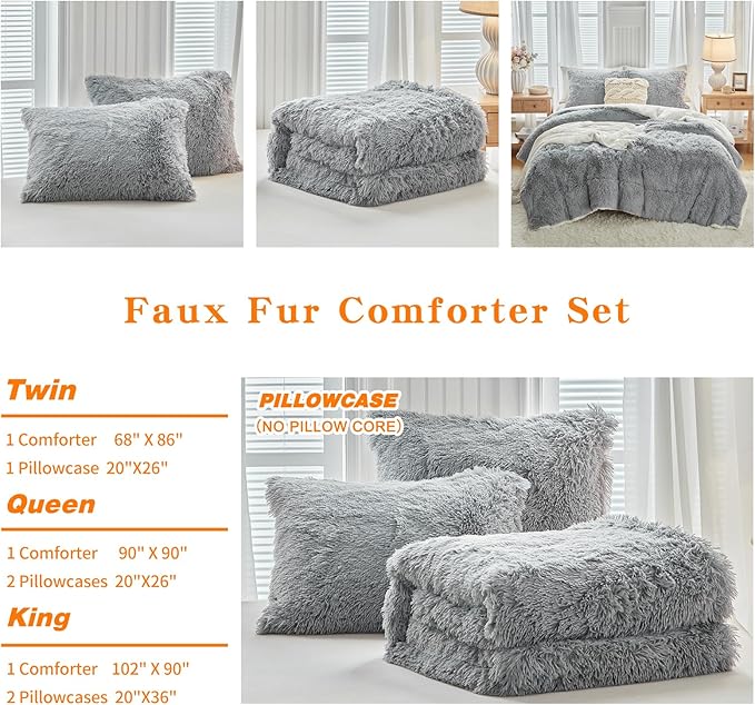 UOZZI BEDDING Gray Faux Fur Comforter Set King 3 Pieces - 1 Shaggy Comforter 104x90 and 2 Pillowcases, Ultra Soft and Easy Care Luxury Plush Super Warm Winter Shaggy Duvet Set