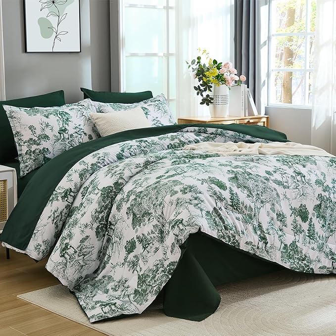 DJY Queen Size Comforter Sets, Green Botanical Comforters with Sheets 7 Pieces Bed in a Bag Queen Elegant Plants Print Soft Microfiber Reversible Complete Bedding Sets for All Season
