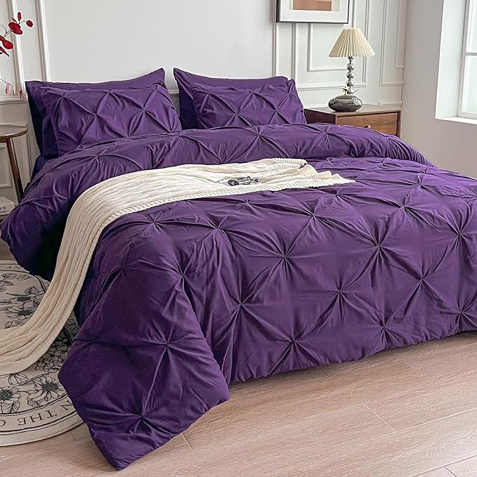 Maple&Stone Purple Comforter Set Queen, 7 Pieces Bed in a Bag Queen, Pintuck Bedding Sets with Comforter, Sheets, Pillowcases & Shams - Purple