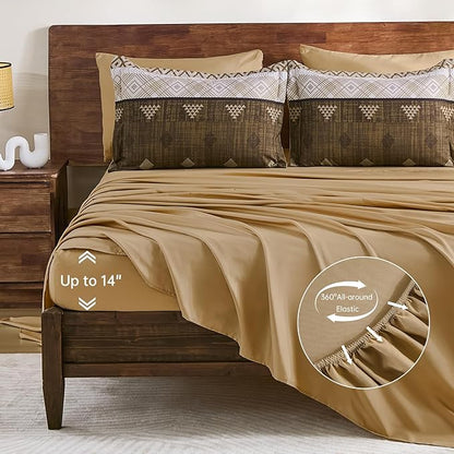 Xruibed Brown King Comforter Set 7 Pieces, Boho Striped Bed in a Bag King Size Soft Microfiber All Season Bedding Set with Comforter, Sheets, Pillowcases & Shams(104"×90")