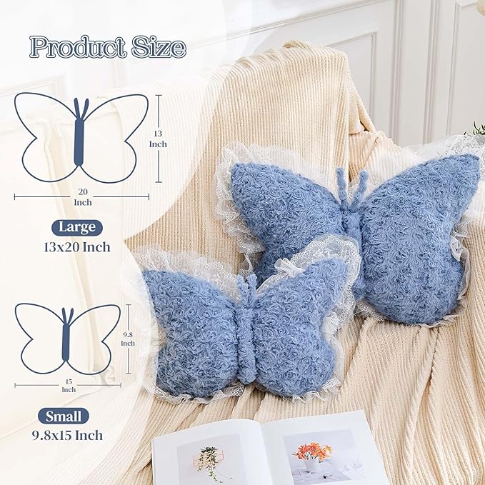 Butterfly Pillow Dusty Blue Decorative Pillows 15" Butterfly Shaped Cute Throw Pillows with Lace Aesthetic Bow Plush Cushion for Room Decor Bed Sofa Couch