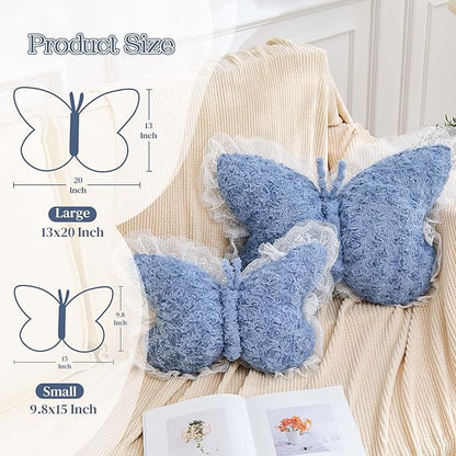 Butterfly Pillow Dusty Blue Decorative Pillows 20" Butterfly Shaped Cute Throw Pillows with Lace Aesthetic Bow Plush Cushion for Room Decor Bed Sofa Couch