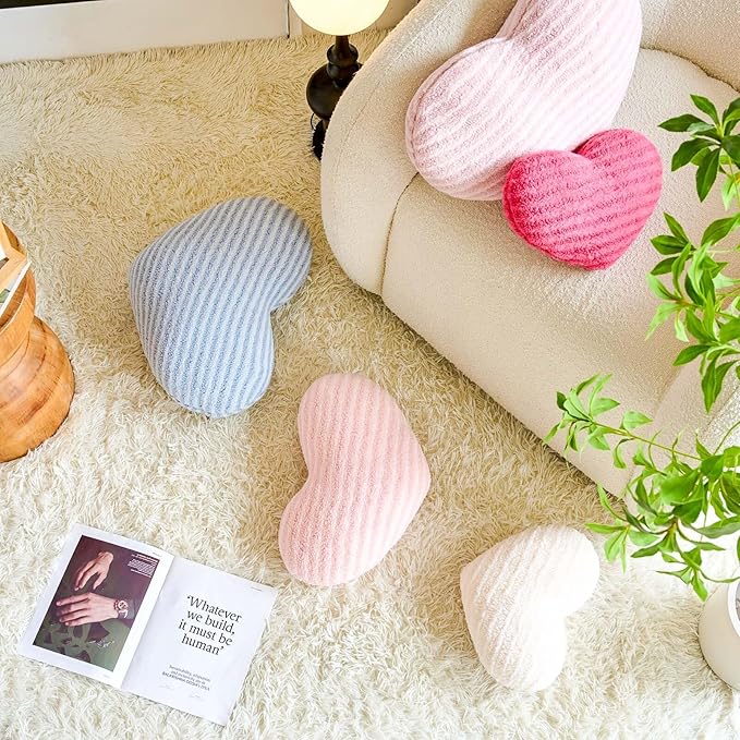 Hot Pink Heart Pillows, 19.6" Cute Heart Decorative Pillow, Stripe Heart Shaped Plush Throw Pillows for Bed