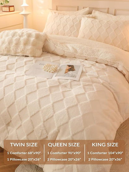 Tufted Fleece Comforter Set Twin - Super Soft Warm Fluffy Shaggy Bedding Sets, Diamond Plaid Jacquard Bed Set for Winter, 1 Sherpa Comforter with 1 Pillow Cases (68"X90" Ivory White)