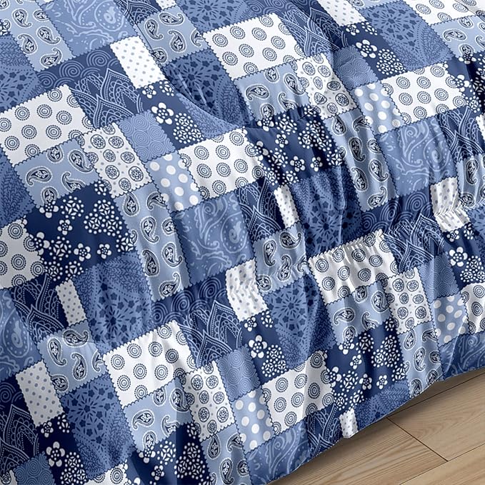 HighBuy Geometric Medallion Comforter Set Queen Size 3 Piece Dark Blue Patchwork Comforter with 2 Pillow Shams Hotel Quality Modern Fluffy Comforters Soft Boho Bedding Set for Queen Bed