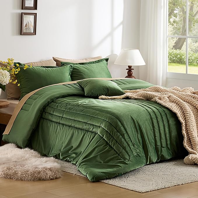 MUSSEL King Size Comforter Set Olive Green 3 Pieces,Luxury Velvet Striped Bedding Comforter Sets,Elegant Lightweight Neutral Soft Fluffy King Comforter Sets for Bedroom