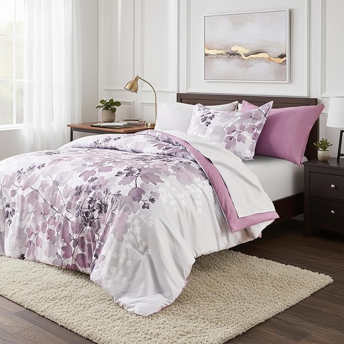Twin Comforter Set Purple Bed Set, 6 Pieces Cute Floral Bedding Set Ultra Soft Botanical Flowers Comforter, Sheets, Pillowcase & Sham