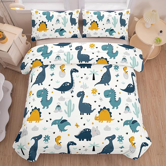 MWMWMW Cartoon Dinosaur Comforter Sets Full, 3-Piece Dinosaur Bedding Sets for Kids Boys & Girls, Soft Microfiber Twin Size Comforter Sets for Kids Boys with 2 Pillowcases