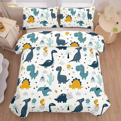 MWMWMW Cartoon Dinosaur Comforter Sets Full, 3-Piece Dinosaur Bedding Sets for Kids Boys & Girls, Soft Microfiber Twin Size Comforter Sets for Kids Boys with 2 Pillowcases