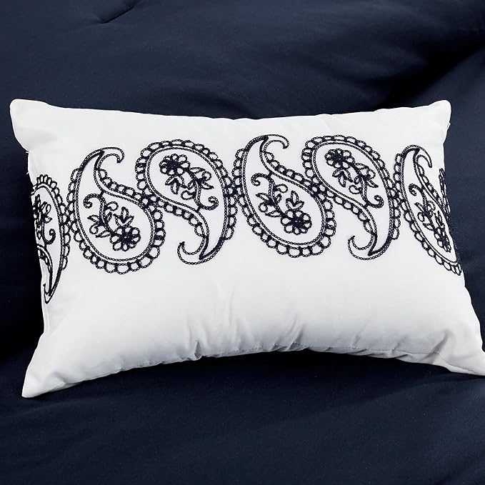Chezmoi Collection Linz 7-Piece Navy/White Paisley Floral Scroll Embroidered Comforter Set, King