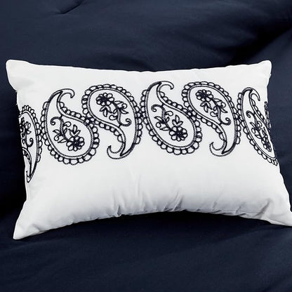 Chezmoi Collection Linz 7-Piece Navy/White Paisley Floral Scroll Embroidered Comforter Set, King