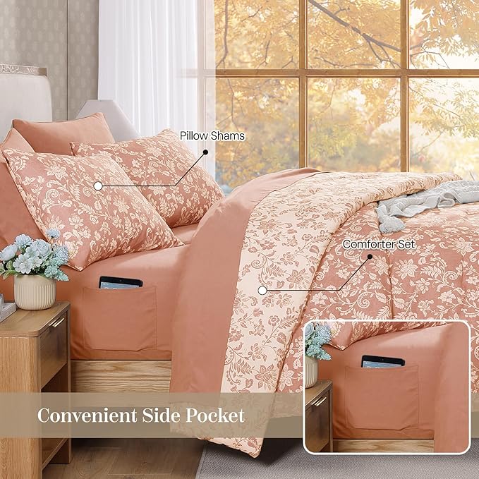 Full Comforter Set -7 Pieces Clay Pink Floral Comforter Set for All Seasons, Bed in a Bag Full with Botanical Flowers Comforter, Sheets, Pillowcases & Shams