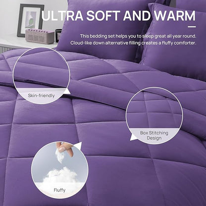 Love's cabin Queen Comforter Set Purple, 7 Pieces Queen Bed in a Bag, All Season Bedding Sets with 1 Comforter, 1 Flat Sheet, 1 Fitted Sheet, 2 Pillowcase and 2 Pillow Sham
